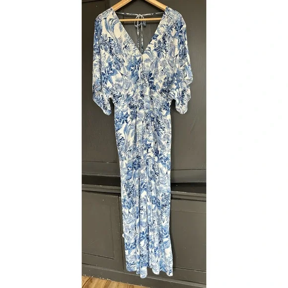 Baltic Born Byron Blue White Tropical Resort Wear Wide Leg Tie Front Jumpsuit XL - Picture 2 of 14